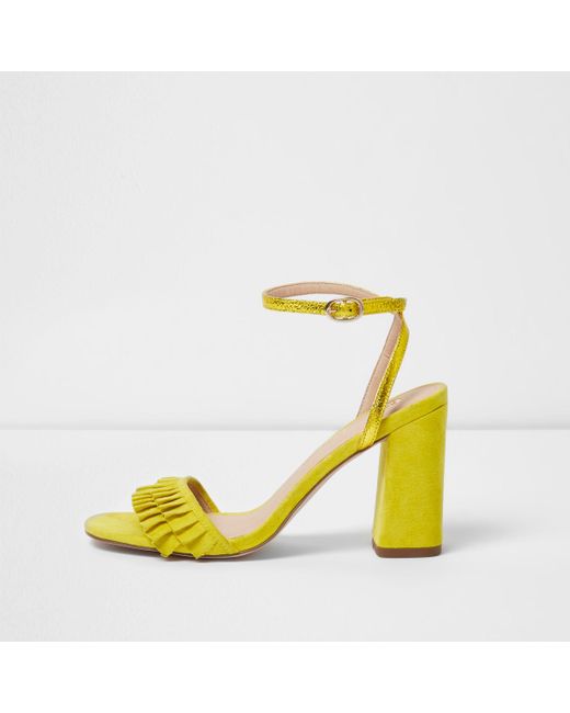 yellow suede block heels