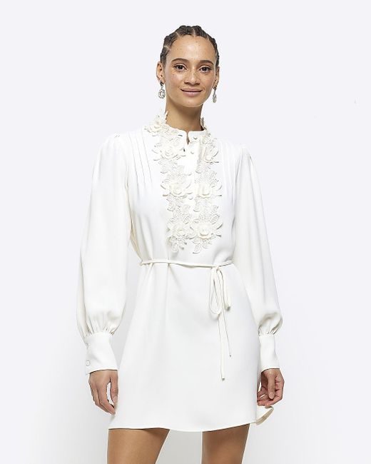 River Island Cream Floral Tie Waist Shift Mini Dress in White Lyst