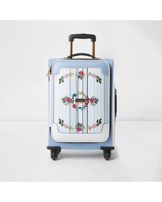 River Island Blue Stripe Embroidered Four Wheel Suitcase