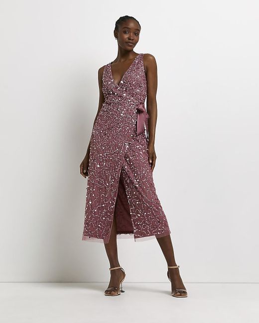 River Island Sequin Wrap Midi Dress in Pink | Lyst
