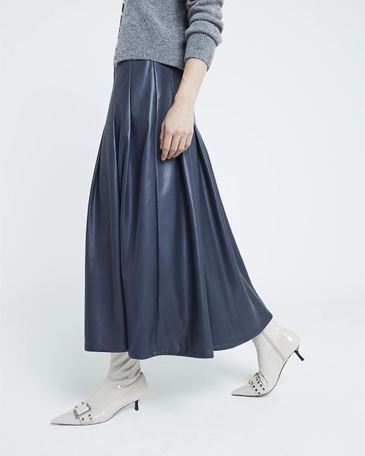 River Island Faux Leather Pleated Midi Skirt in Blue Lyst UK