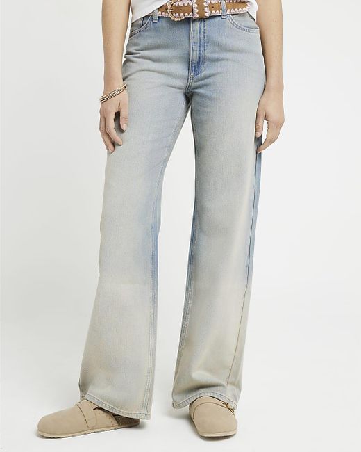 River Island Blue Mid Rise Relaxed Straight Faded Jeans
