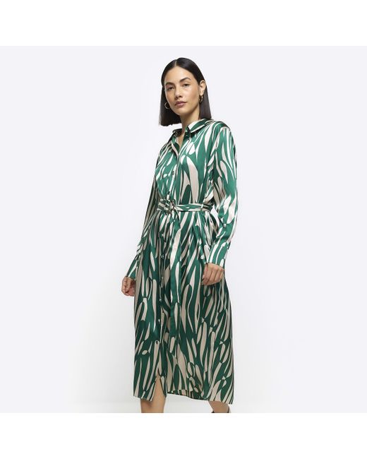 River Island Blue Green Abstract Belted Midi Shirt Dress