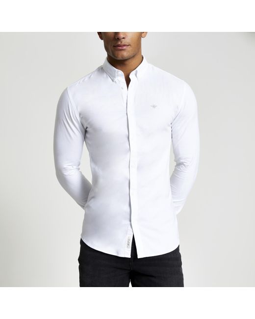 River Island White Long Sleeve Oxford Shirt for men