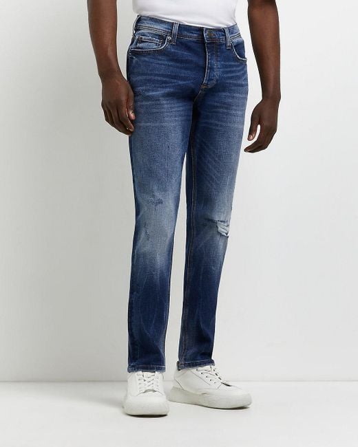 River Island Denim Slim Fit Ripped Jeans in Blue for Men - Lyst