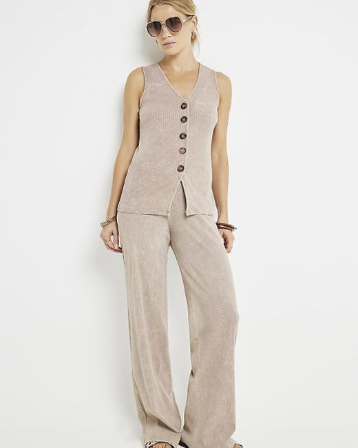 River Island Natural Wide Leg Washed Ribbed Trousers