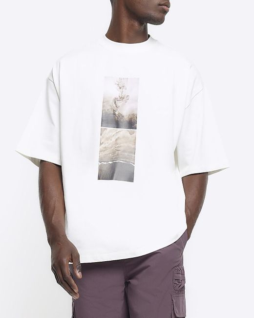 River Island White Ecru Oversized Fit Graphic Patch T-shirt for men