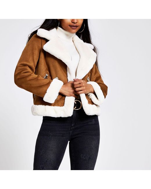 River Island Brown Petite Faux Suede Shearling Jacket