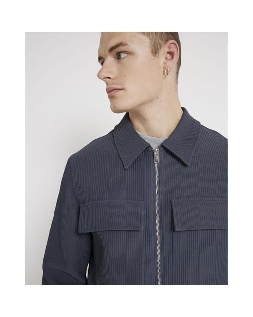 River Island Blue Regular Fit Plisse Zip Up Overshirt for men