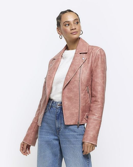 River Island White Pink Faux Leather Distressed Biker Jacket