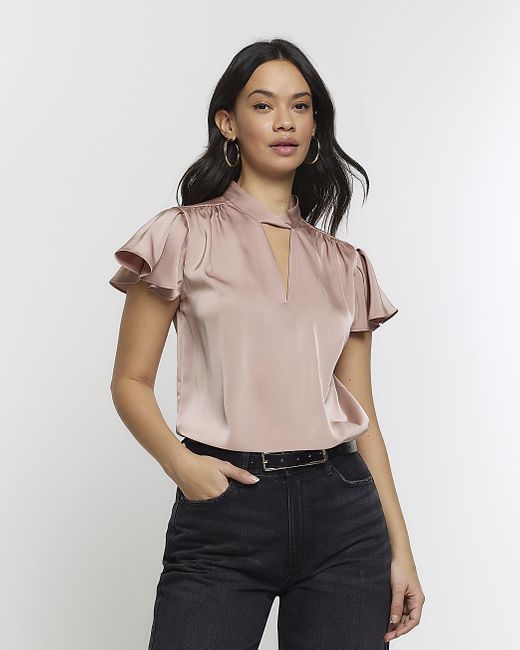 River Island Pink Satin Frill Sleeve Blouse