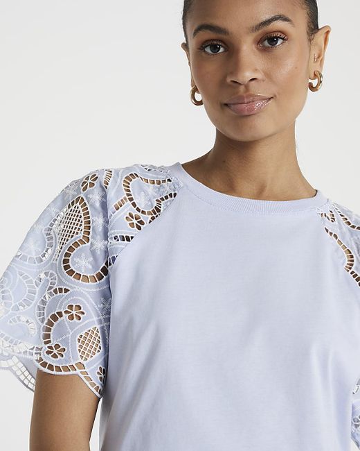 River Island White Blue Lace Sleeve T-shirt