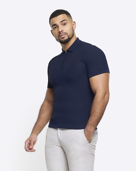 River Island Blue Knitted Half Zip Polo for men