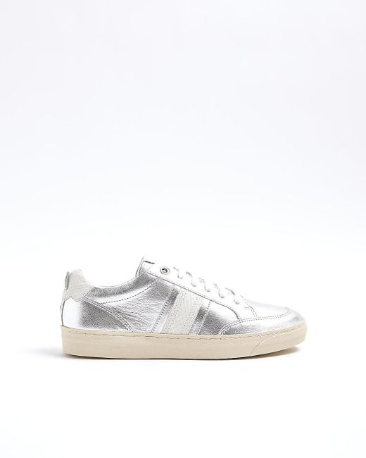 River Island White Silver Leather Lace Up Trainers