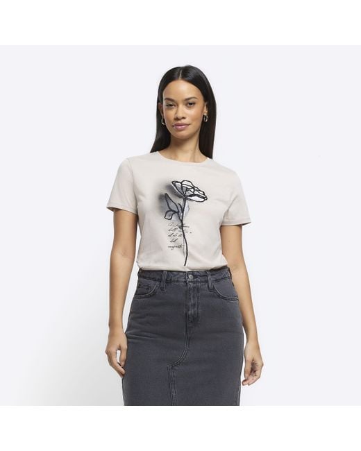 River Island White Beige Embroidered Floral T-shirt