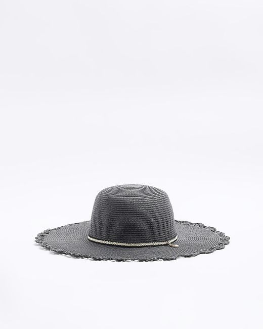 River Island White Black Straw Beaded Hat