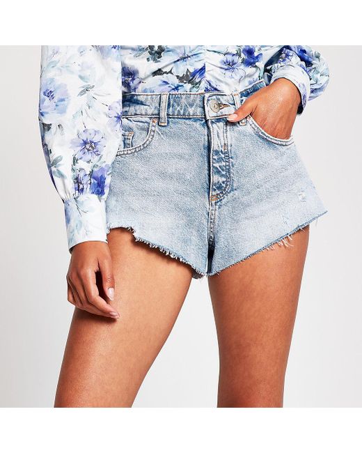River Island Light Blue Denim High Waist Hot Pant Shorts Lyst
