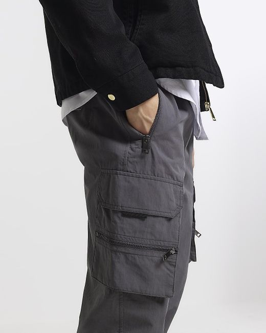 River Island Black Regular Fit Zip Pocket Cargo Trousers for men