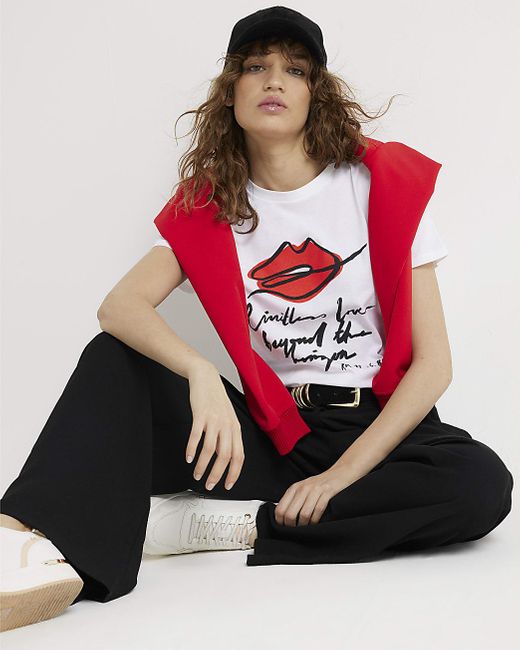 River Island Red White Lips Print T-shirt