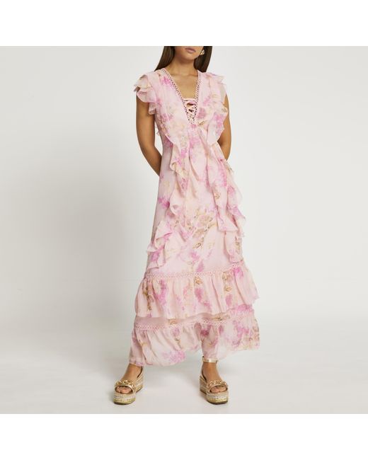 River Island Pink Floral Print Ruffled Maxi Dress