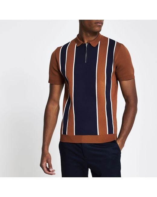 River Island Blue Rust Short Sleeve Stripe Knitted Polo Shirt for men