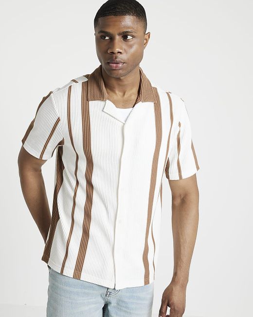 River Island White Brown Regular Fit Stripe Revere Shirt for men