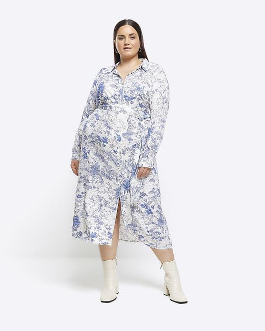 River Island White Floral Belted Midi Shirt Dress
