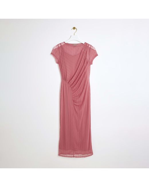 River Island Pink Mesh Stripe Bodycon Midi Dress