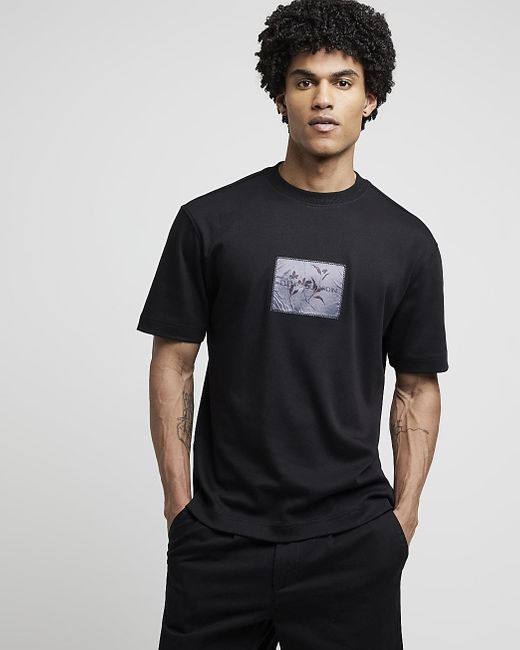 River Island Black Regular Fit Patch Print T-shirt for men