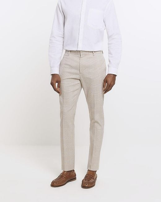 River Island White Stone Check Suit Trousers for men