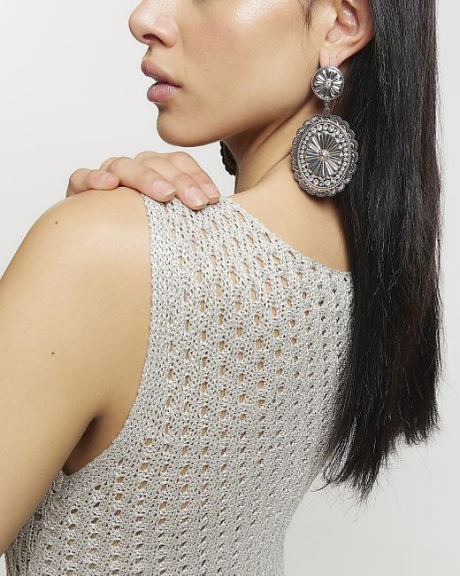River Island White Silver Textured Disc Drop Earrings