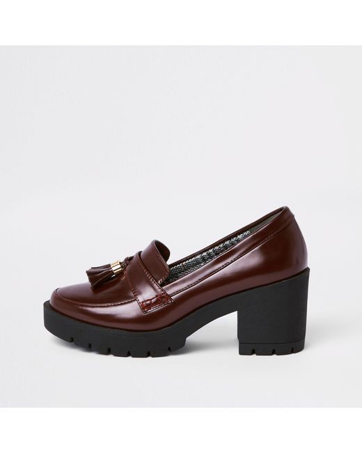 River Island Red Heeled Chunky Loafers In Burgundy