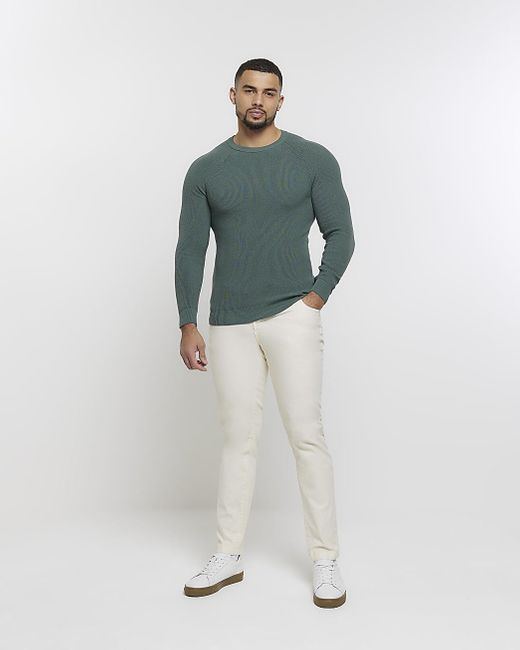 River Island Blue Green Muscle Fit Knit Rib Jumper for men