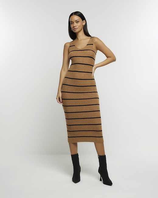 River Island Natural Knit Stripe Bodycon Midi Dress Set
