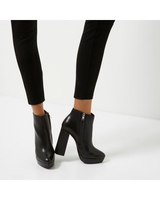 Black Leather Platform Heel Boots 