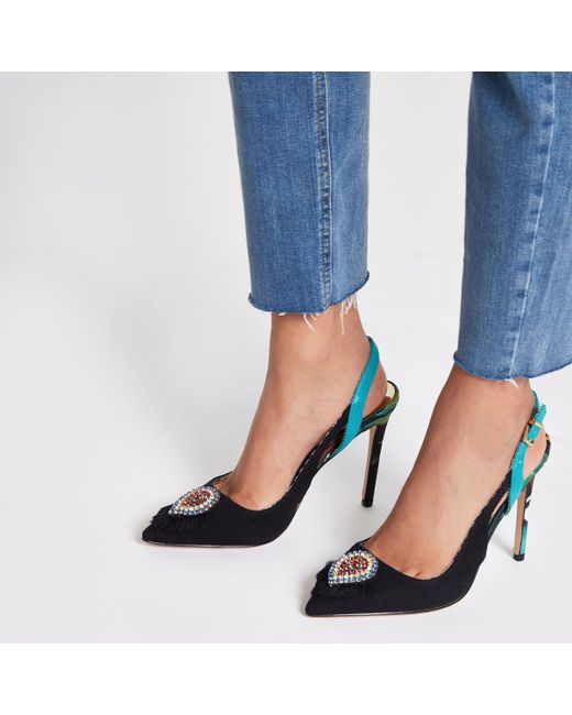 River Island Black Jewel Embellished Slingback Court Shoes | Lyst UK