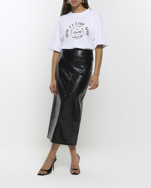 River Island White Black Faux Leather Seamed Midi Skirt