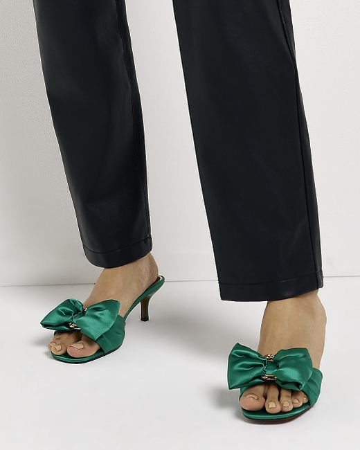 River Island Green Satin Bow Detail Heeled Mules | Lyst