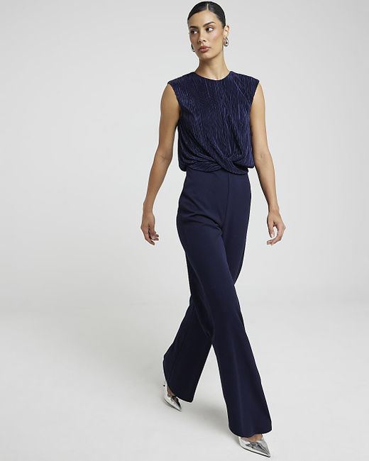 River Island Blue Navy Plisse Top Wide Leg Jumpsuit