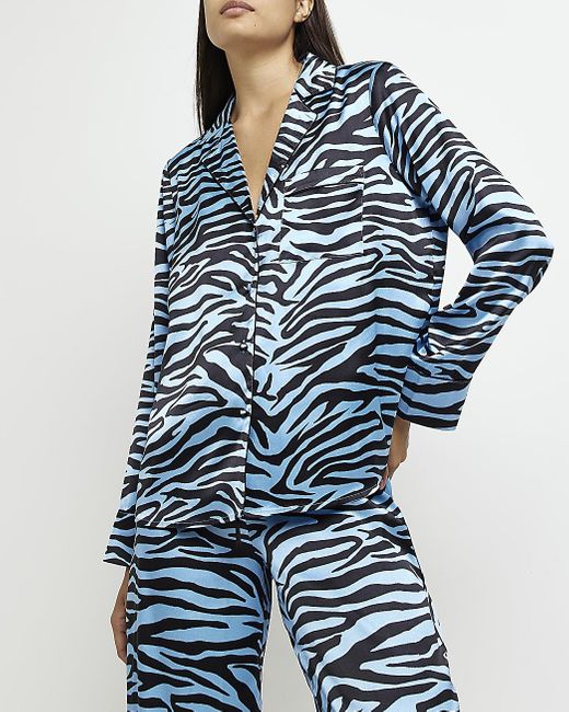River Island Blue Animal Print Satin Pyjama Top