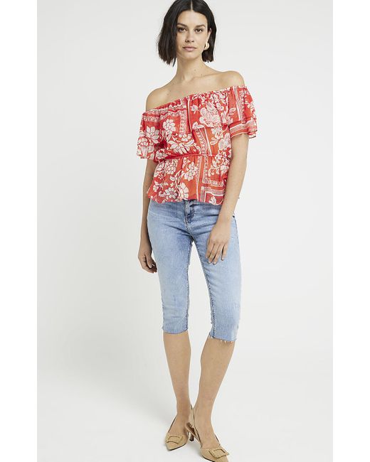 River Island Red Floral Frill Bardot Top