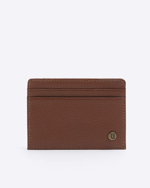 River Island Brown Leather Ri Decal Pebbled Card Holder for men