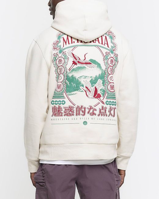 River Island Gray Ecru Regular Fit Japanese Graphic Hoodie for men