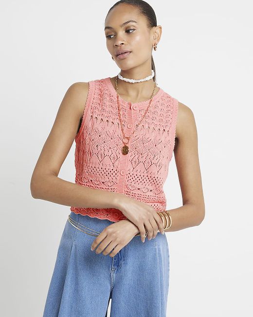 River Island Blue Pink Crochet Waistcoat