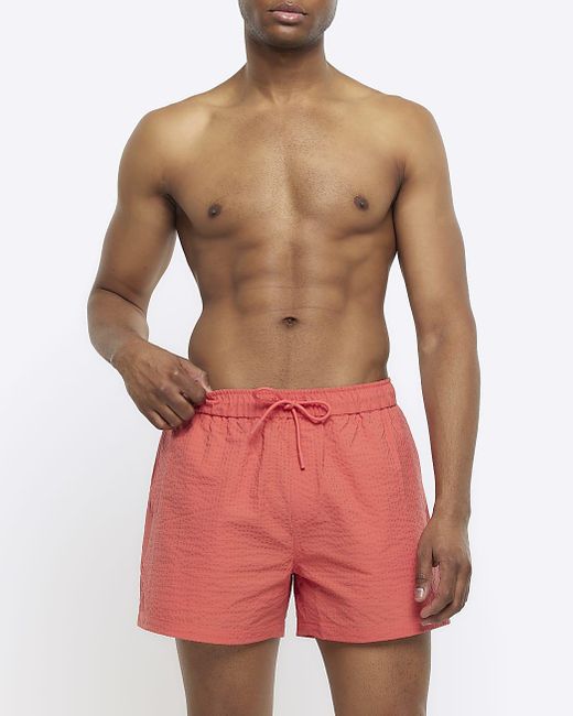 River Island Red Pink Regular Fit Seersucker Swim Shorts for men
