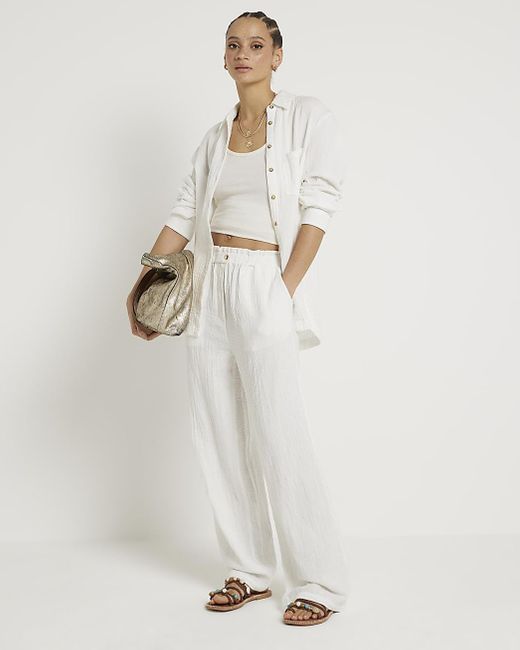 River Island White Textured Wide Leg Trousers