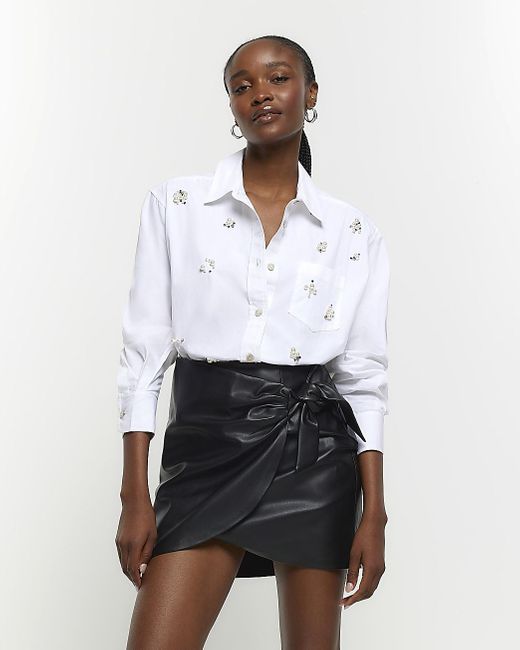 River Island White Black Faux Leather Bow Mini Skirt
