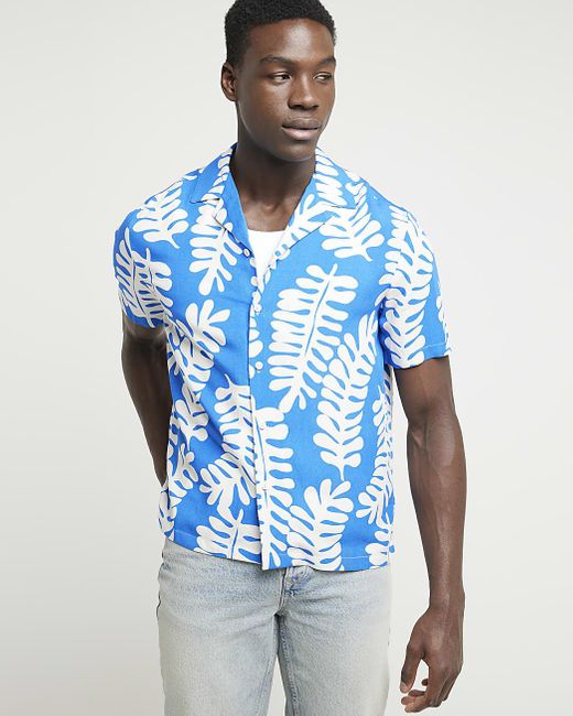 River Island Blue Regular Fit Tropical Leaf Shirt for men