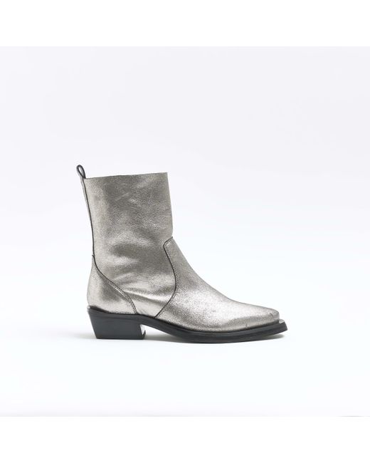 River Island Gray Silver Leather Western Boots