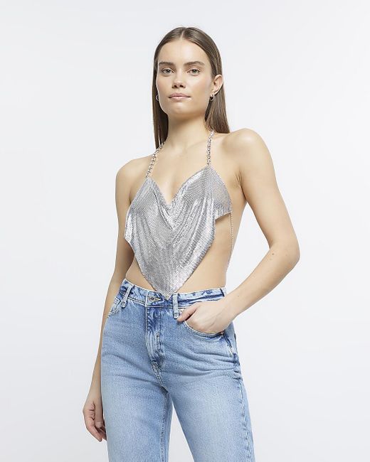 River Island Blue Chainmail Body Chain Top